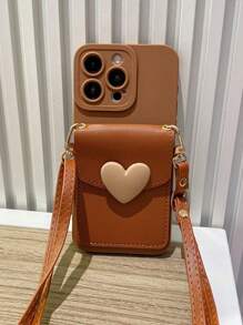 全新可爱斜挎挂绳项链带卡夹硅胶手机壳适用于 iPhone 16 15 14 11 12 13 Pro Max X XR 14 15 16 Plus 3D 心形防震保险杠保护套