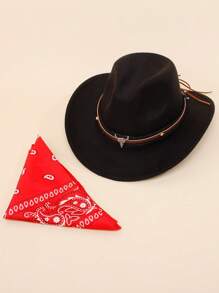 2PCS Western Cowboy Costume, Cowboy Hat Cosplay Accessory, Brown Western Cowboy Hat Dress Up For Kids, Funny Halloween Party Roleplay, Set Of 1 Black Cowboy Hat, 1 Red Bandanna - Black - View 3