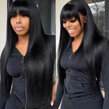 Natural Black Striaight Human Hair Wig With Bangs Human Hair 4x4 Closure Wig With Bangs Straight Glueless Long Wig With Bangs Lace Closure Wigs For Women Virgin Brazilian Human Hair Natural Black - Natural Black - 查看 9
