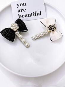 1 件优雅法式复古山茶花和珍珠装饰织物蝴蝶结点缀发夹、侧刘海发夹配件 - 彩色 - 查看 1