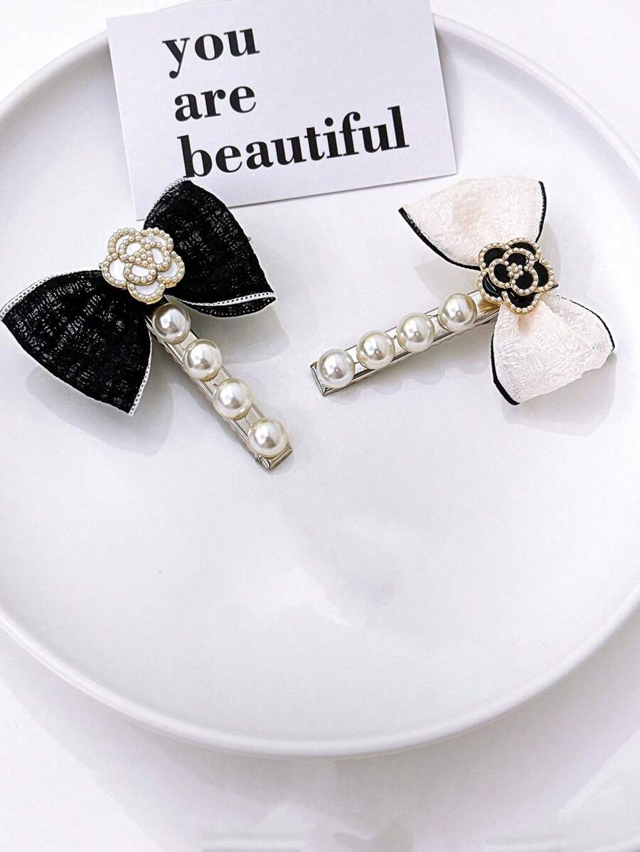 1 件优雅法式复古山茶花和珍珠装饰织物蝴蝶结点缀发夹、侧刘海发夹配件 - 彩色 - 查看 1