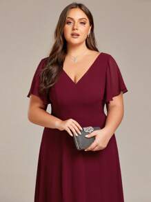EVERPRETTY Plus Size Elegant High Low Flowing Chiffon V-Neck Ruffle Sleeves Bridesmaid Dress - Burgundy - View 5