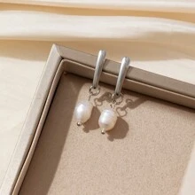 1 对巴洛克珍珠和金属条吊坠耳环，银色/金色，优雅、精致、简约、时尚，适合日常佩戴、生日、周年纪念、约会、派对、度假 - 銀色 - 查看 4