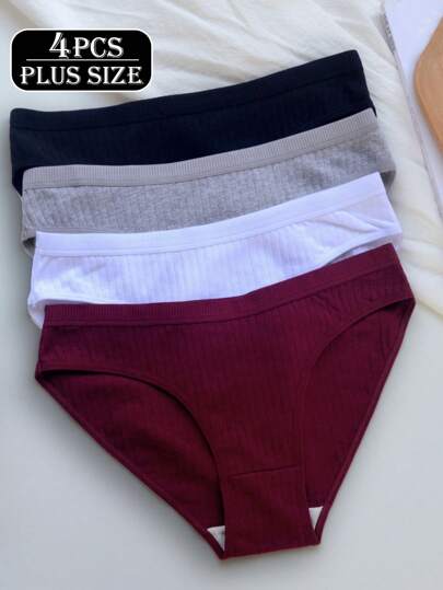 4 piezas de ropa interior de mujer de talla grande, de unicolor, con alta elasticidad, cómoda, transpirable y de piel amigable, tipo hipster de tiro bajo