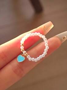 Set de 3 anillos elásticos minimalistas y adorables con corazón de perlas falsas, adecuados para mujer, ideales para el Día de San Valentín y uso diario