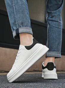 Men's Classic Black & White Contrast Color Block Lace Up Casual Sneakers, Niche Fashion Letter Print Comfortable Elevator Shoes, Couple Shoes, For Active Jeans Outfit - White and Black - View 7