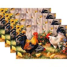 4 件套鸡场印花亚麻餐垫 - 100% 编织亚麻矩形桌垫，适用于餐厅、厨房 - 可洗、防滑、耐热餐垫，适用于咖啡桌、餐桌装饰