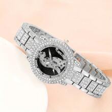 3pcs Women's Fashion Roman Numeral Rhinestone Dial Quartz Watch With Jewelry Set Of Necklace And Bracelet (No Box)