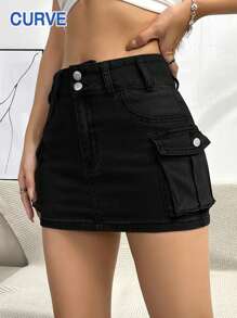 Minifalda de mezclilla negra de estilo casual de calle para mujer de talla grande, con cierre delantero de botones, tela de mezcla de algodón elástica, bolsillos tipo cargo - Negro - Ver 1