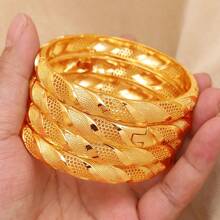 1pc Retro Style 24K Gold Plated Copper Open Bangle Bracelet, Luxury Arabian Bride Wedding Jewelry