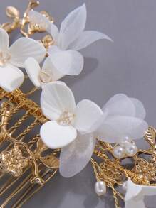 1 件金属花朵和叶子装饰手工白色和雪纺花朵发梳，适合春季婚礼、日常外出等场合 - 金色 - 查看 7