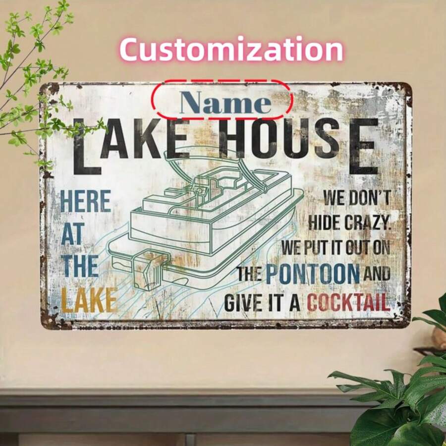 可定制复古金属湖畔小屋标志，带有个性化名称、船舶设计、优雅的墙壁装饰，8x12 英寸 - 彩色 - 查看 1