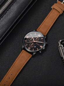 2 件套：男士时尚经典罗马数字表盘石英表和皮带（不含表盒）