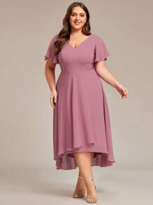 EVERPRETTY Plus Size Elegant High Low Flowing Chiffon V-Neck Ruffle Sleeves Bridesmaid Dress - Dusty Pink - View 3