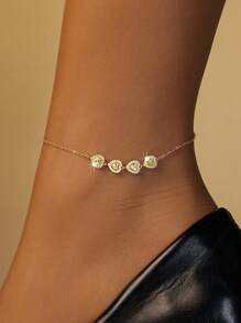 1pc 925 Silver Cute & Fashionable Goldtone Bling Bling Heart Shape Zirconia Pendant Anklet, Suitable For Women Wearing On Dates, Vacation And Daily Occasions - Yellow Gold - View 1
