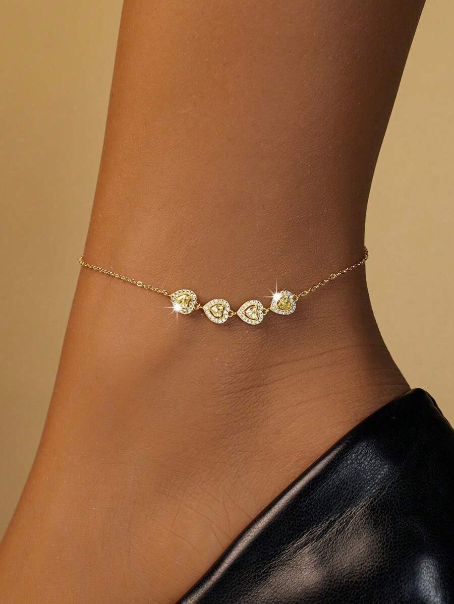 1pc 925 Silver Cute & Fashionable Goldtone Bling Bling Heart Shape Zirconia Pendant Anklet, Suitable For Women Wearing On Dates, Vacation And Daily Occasions - Yellow Gold - View 1