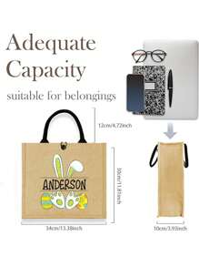 Customized Personalized Tote Bag With Easter Bunny And Name, Durable Gift Bag, For Easter Egg Hunt, Custom Easter Party Favor Bag - Khaki - View 8