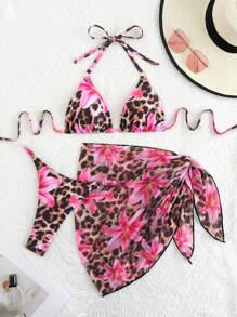 Allurini 2025 Summer Beach 3 PiecesBikini Set, Sexy Tie-Up Triangle Bra, Cover-Up Sarong & Thong Swimwear, Printed Pattern Swimwear Elegant - Multicolor - View 3