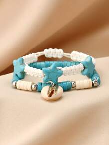 2 件套手工编织星形手链，波西米亚风格贝壳手链，时尚优雅串珠手链，可调节情侣手链，休闲百搭日常佩戴 - 彩色 - 查看 1