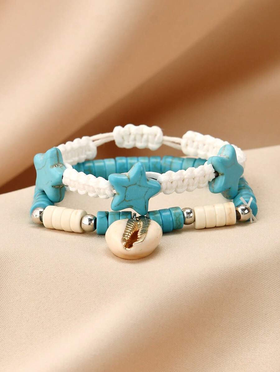 2 件套手工编织星形手链，波西米亚风格贝壳手链，时尚优雅串珠手链，可调节情侣手链，休闲百搭日常佩戴 - 彩色 - 查看 1