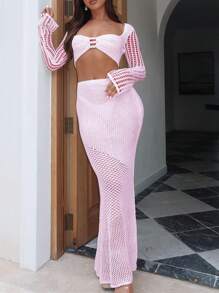 Women Summer Bikini Coverups 2pcs Outfit Set Beachwear Long Dress Crochet Knit Hollow Out Long Sleeve Off Shoulder Crop Top + Long Maxi SkirtsSexy Sundress Swimsuit Cover Ups - Pink - View 1