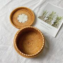 1pc 5.5*3.1 Inch Wicker Rattan Braided Round Storage Box For Snacks, Cosmetics, Jewelry, Dried Fruits, Desk Organizer