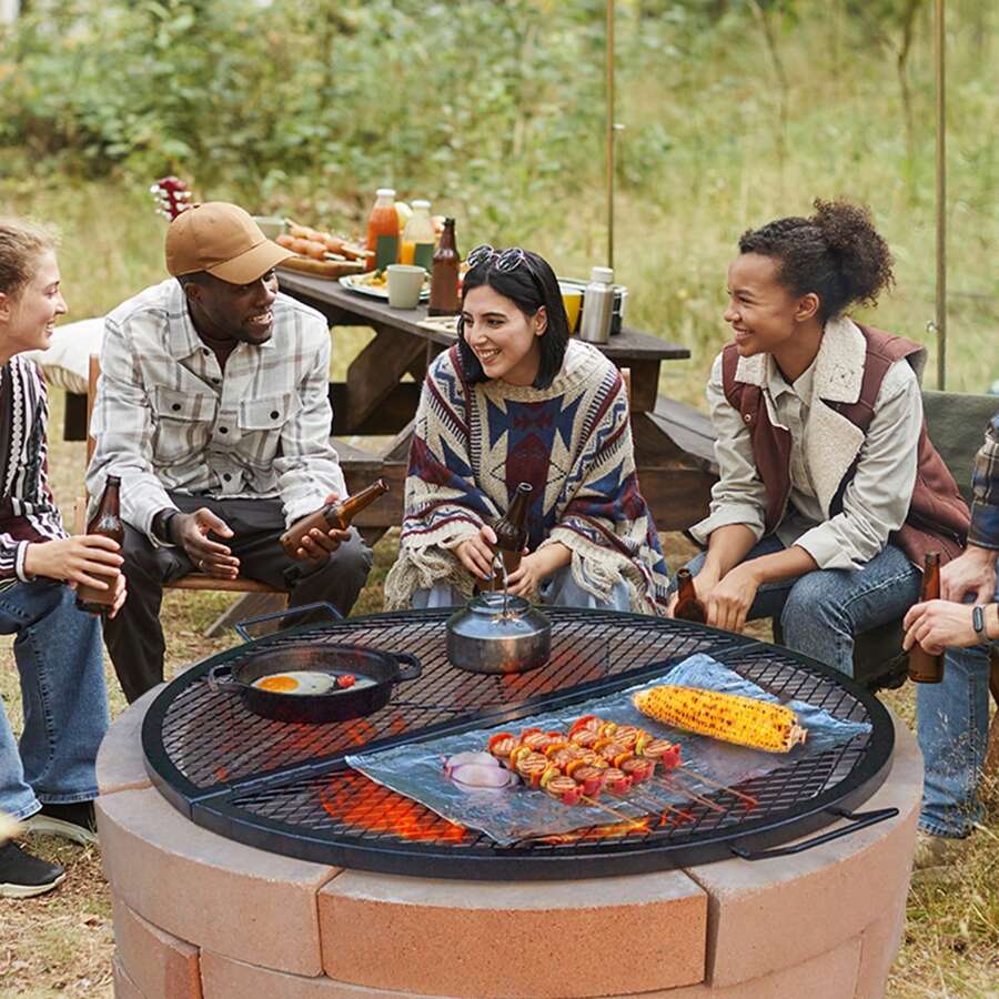 X-Marks Fire Pit Grill Grate, Foldable Round Cooking Grate, Heavy Duty Steel Campfire BBQ Grill Grid With Handle And Support X Wire, Portable Camping Cookware For Outside Party, 36 Inch Black - Black,Product Size: Φ36x1 in - 查看 1