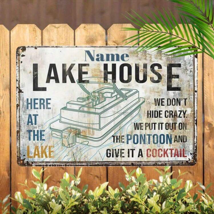 可定制复古金属湖畔小屋标志，带有个性化名称、船舶设计、优雅的墙壁装饰，8x12 英寸 - 彩色 - 查看 3