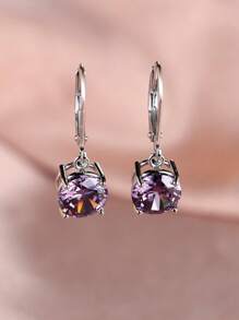 1 Pair 925 Silver Purple Circular Zirconia Stone Elegant And Glamorous Pendant Earrings For Women, Suitable For Dates, Vacations, Holiday Gifts, Anniversary Gifts