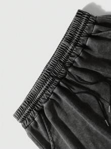 Men's Street Style T-Shirt And Shorts Set, Slightly Stretchy Washed Black Casual Daily 2-Piece Outfit, Summer