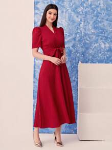 Vestido rojo casual y elegante de cuello en V cruzado, de manga larga, para mujer, de primavera y verano - Burdeos - Ver 7