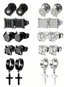 15 件男女款水晶吊坠耳环套装，不锈钢低过敏原耳环，黑色钛钢耳饰 - 彩色 - 查看 4