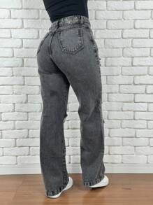 Women's Wide Leg Ripped Jeans, Garafite Wide Leg Jeans, High Waist Jeans - Black and Gray - View 2