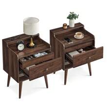 Nightstands, Set Of 2, Bedside Tables With Hidden Drawers, Mid-Century End Tables With Solid Wood Legs, Side Tables For Bedroom - Brown - View 2