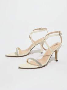 Women's High Heels Spring/Summer Elegant Crystal Embellished Stiletto Ankle Strap Pointed Toe Party Sandals, Champagne Color