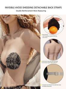 1 Pair Adhesive Bra Push Up Strapless Sticky Invisible Upgrade Lace Bras For Women Dress Backless With Detachable Strap Nipple Cover Boob Pads - Black - View 3
