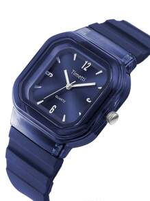 1pc Casual Women's Simple Square Silicone Strap Quartz Analog Wrist Watch, Suitable For Daily Wear - Navy Blue - View 5