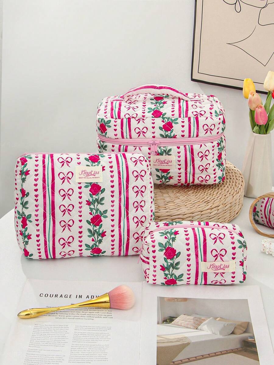 1 PC Vertical Striped Rose Bow Portable Make Up Bag,Fashionable And Casual Large Capacity Portable Zipper Makeup Bags,Travel And Vacation Essentials Cosmetic Bags For Sanitary Napkins,Pouch Pads,Wired Earphones,Earpods,Headphones,Charger,Lipsticks,Cosmetics,Perfume,Skin Care And Beauty Products,Home Decor,For Mom,Women,Nurses,Students,School Girls,Keys,Holiday Gifts Makeup Travel Toiletry Organizer Essentials Gifts Storage Zipper Accessories Nail - Red - View 1