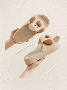 1 双女士可爱小狗卡通软底防滑拖鞋，柔软，厚底，沙滩，礼物 - 卡其色 - 查看 2