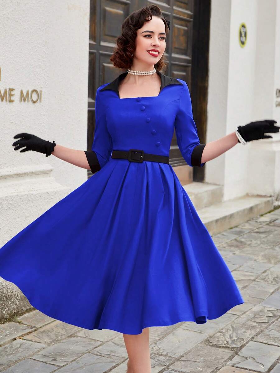MUXXN Vintage Elegant Button Patchwork Square Collar Midi A-Line Cocktail Party Dress - Royal Blue - View 1