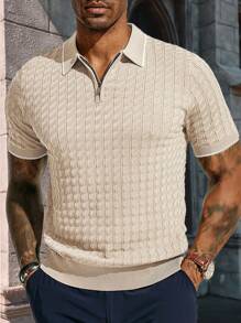 Men's Solid Color Zip-Up Polo Knit Short Sleeve Top, 2025 New Business Casual Breathable Short Sleeve Knit Sweater - Apricot - View 3