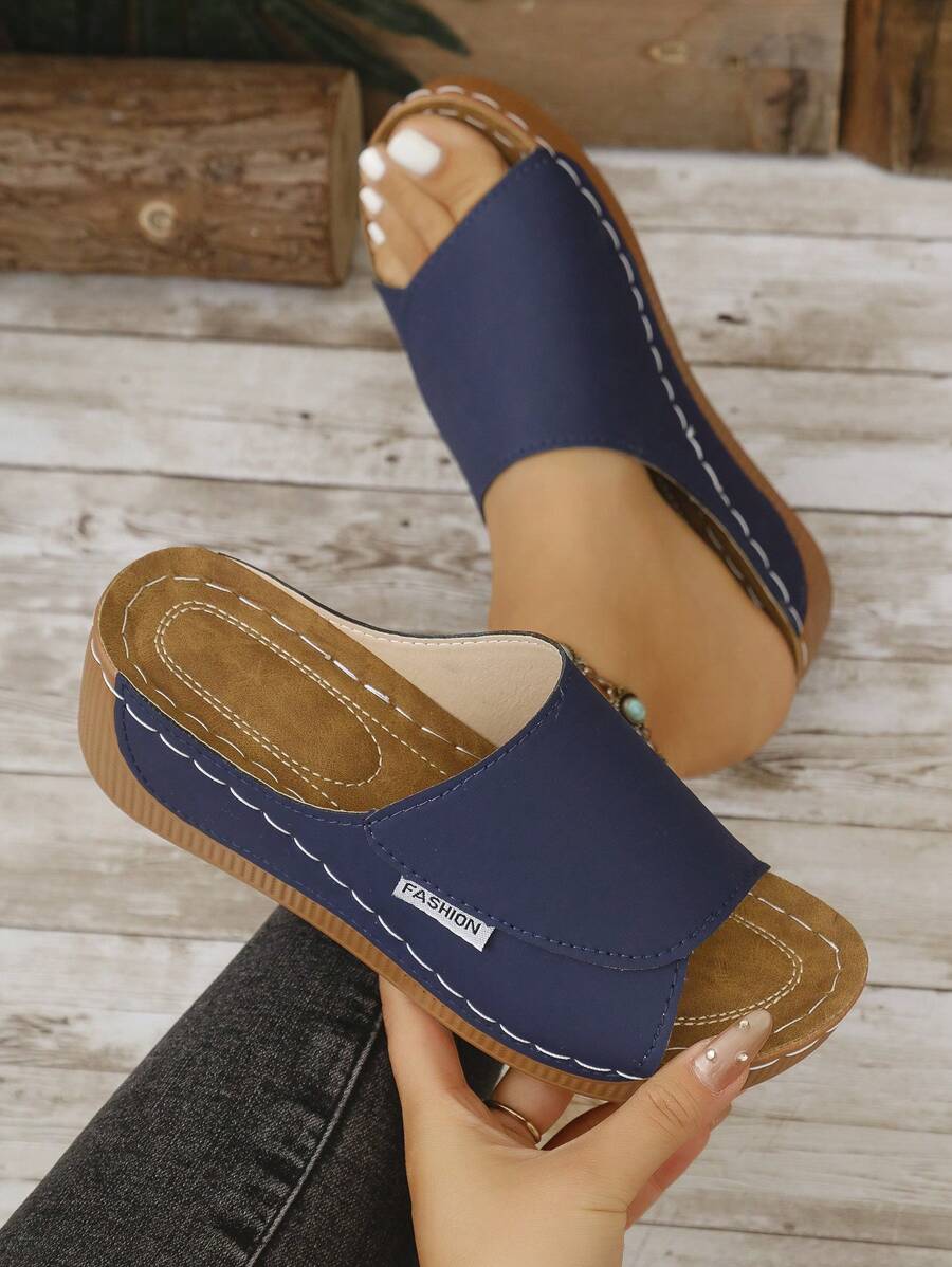 New Color Block Wedge Sandals, Open Toe Hollow Slip-On Mules, Casual Outdoor Slippers, Plus Size Summer Women Sandals, Hollow Designed, Suitable For Vacation And Daily Wear, Comfortable And Breathable, Fit For Indoor And Outdoor Activities. Fashion Wedge And Chunky Platform Women Sandals - Navy Blue - View 1