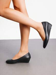 Women's Mid Wedge Heel Pumps Closed Toe Slip-On Elegant Comfortable Casual Shoes - Black - View 3