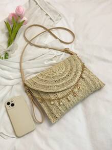 High-Quality Envelope Shaped Woven Paper Rope Clutch Bag, Versatile Shoulder Crossbody Small Purse - Beige - View 4