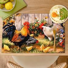 4 件套鸡场印花亚麻餐垫 - 100% 编织亚麻矩形桌垫，适用于餐厅、厨房 - 可洗、防滑、耐热餐垫，适用于咖啡桌、餐桌装饰