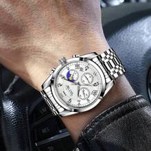 1pc GUANQIN Waterproof Luminous Watch With Rhinestones Calendar Dial Wear-Resistant Stainless Steel Strap Fashion Business Luxury Sporty Classic Simple Casual Mechanical Style Men Automatic Quartz Watch Suitable For Valentine's Day,Festivals,Dating,Business, Daily,Gifts - Silver - View 6
