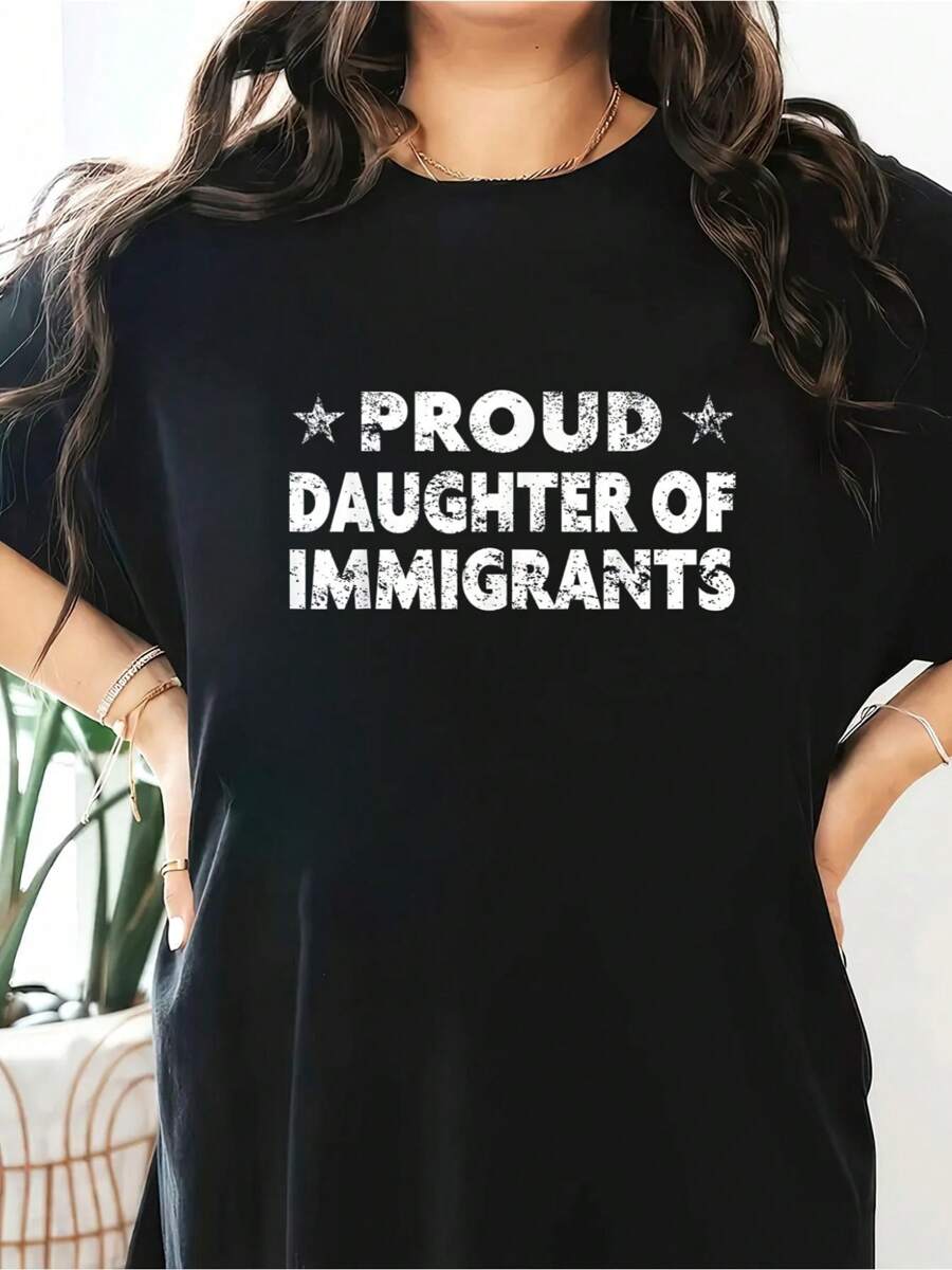 Pro-Immigration Shirt Proud Daughter Of Immigrants Short Sleeve Round Neck Casual Top For Summer & Spring, Women's Clothing - Black - View 1