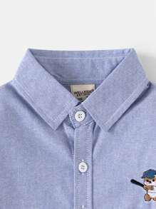 Young Boy Spring Casual Embroidery Long Sleeve Button Front Shirt - Blue - View 5