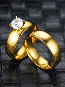 2 piezas Anillos de acero inoxidable brillante con incrustaciones de diamantes de imitación de lujo, anillos elegantes para pareja para boda, banquete y uso diario para mujeres - Anillos de boda - Ver 2