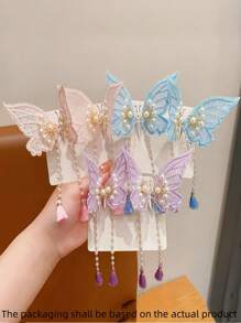 2 piezas Clip de pelo de mujer elegante y dulce con ala de mariposa, clip lateral con borla de perla falsa